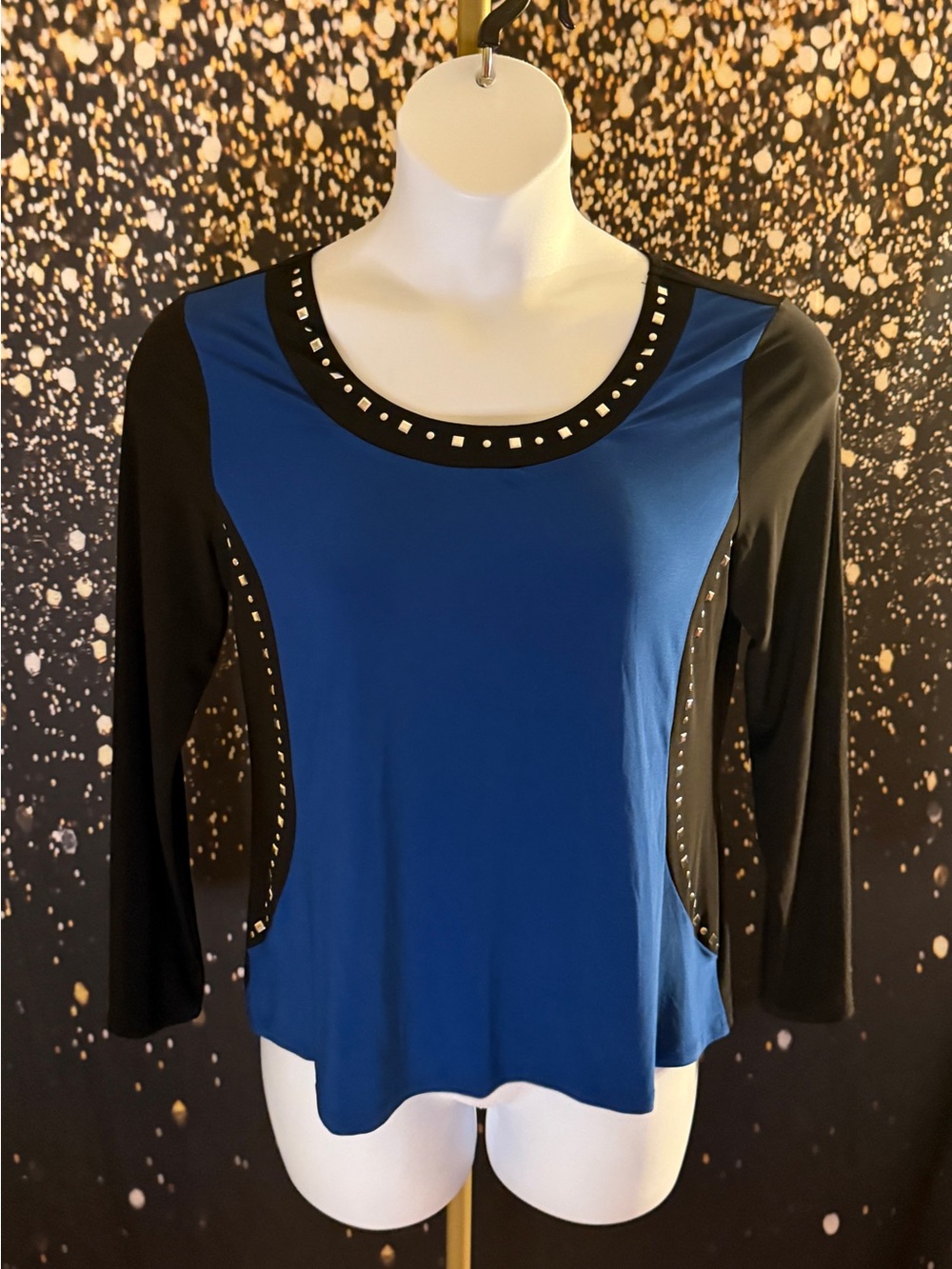Susan Lawrence Royal Blue and Black Long Sleeve Top with Stud Trim